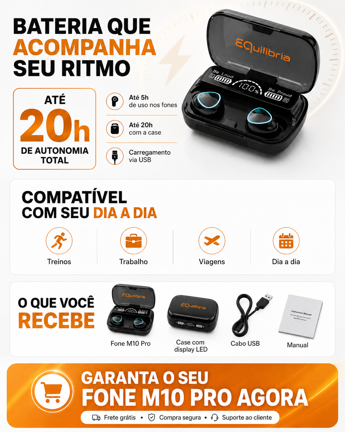 Bateria do Fone Bluetooth M10 Pro com at&eacute; 20 horas de autonomia total