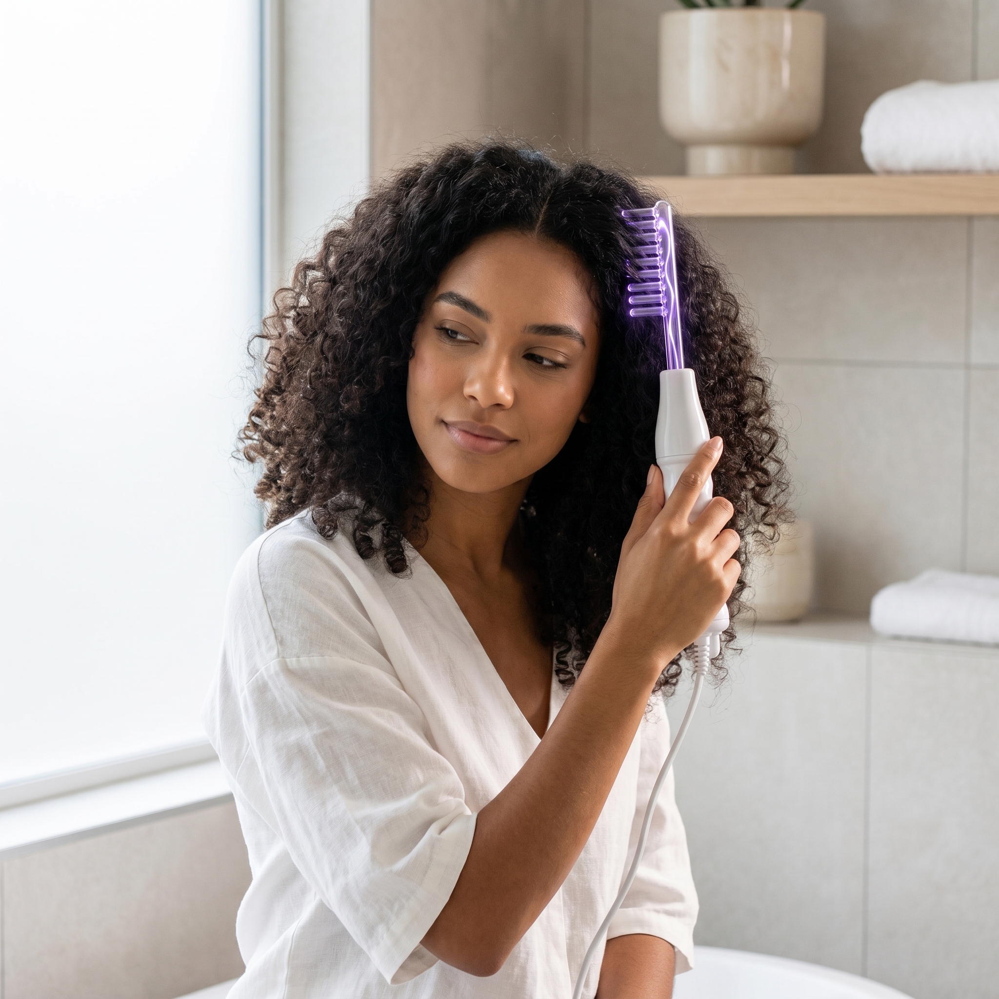 VoltaRaiz Brush em uso &mdash; mulher com cabelo cacheado