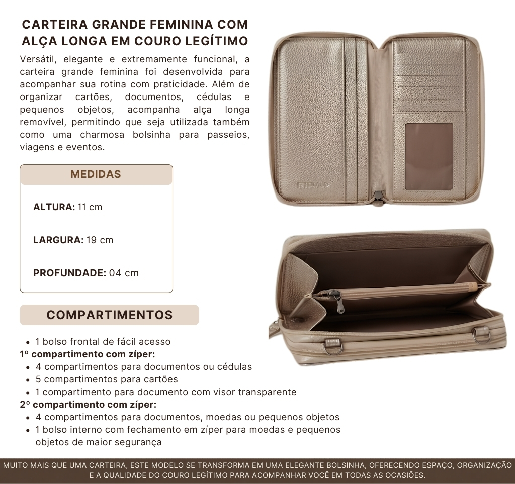 Carteira feminina MJ.BVR em couro legítimo granulado com fecho zíper, alça longa removível em fundo neutro — LaFabrica Bolsas