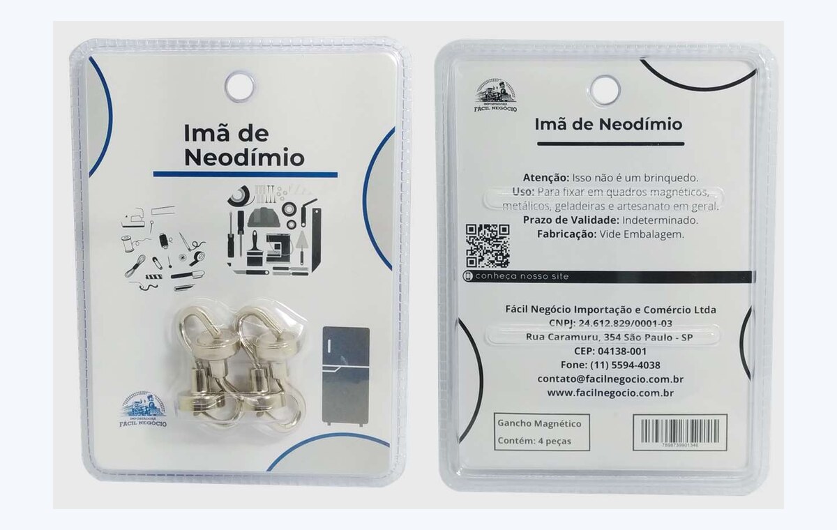 Blister com quatro ganchos magnéticos de neodímio, frente e verso