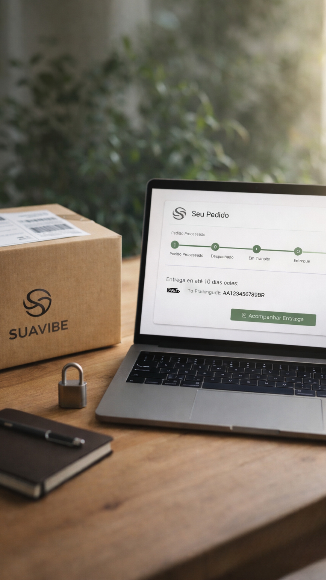 Segurança de dados SuaVibe: laptop exibindo política de privacidade com cadeado simbólico sobre mesa de madeira, representando proteção e conformidade LGPD