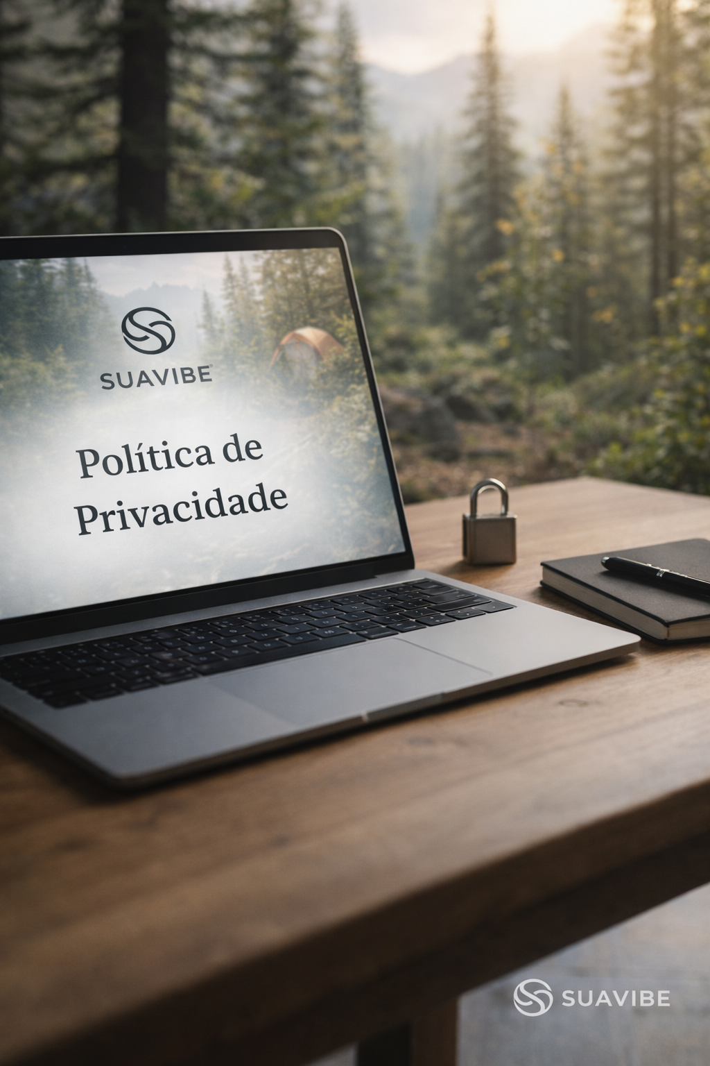 Segurança de dados SuaVibe: laptop exibindo política de privacidade com cadeado simbólico sobre mesa de madeira, representando proteção e conformidade LGPD
