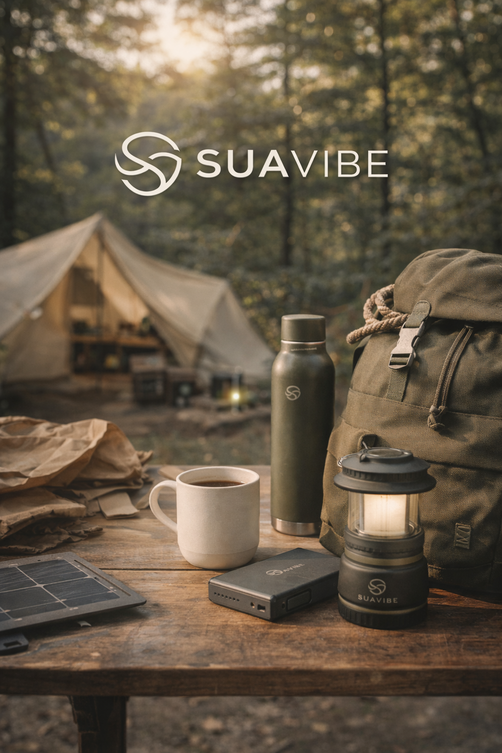 Estilo de vida SuaVibe: equipamentos essenciais para camping e aventura, como lanterna, garrafa térmica e carregador solar, integrados à natureza