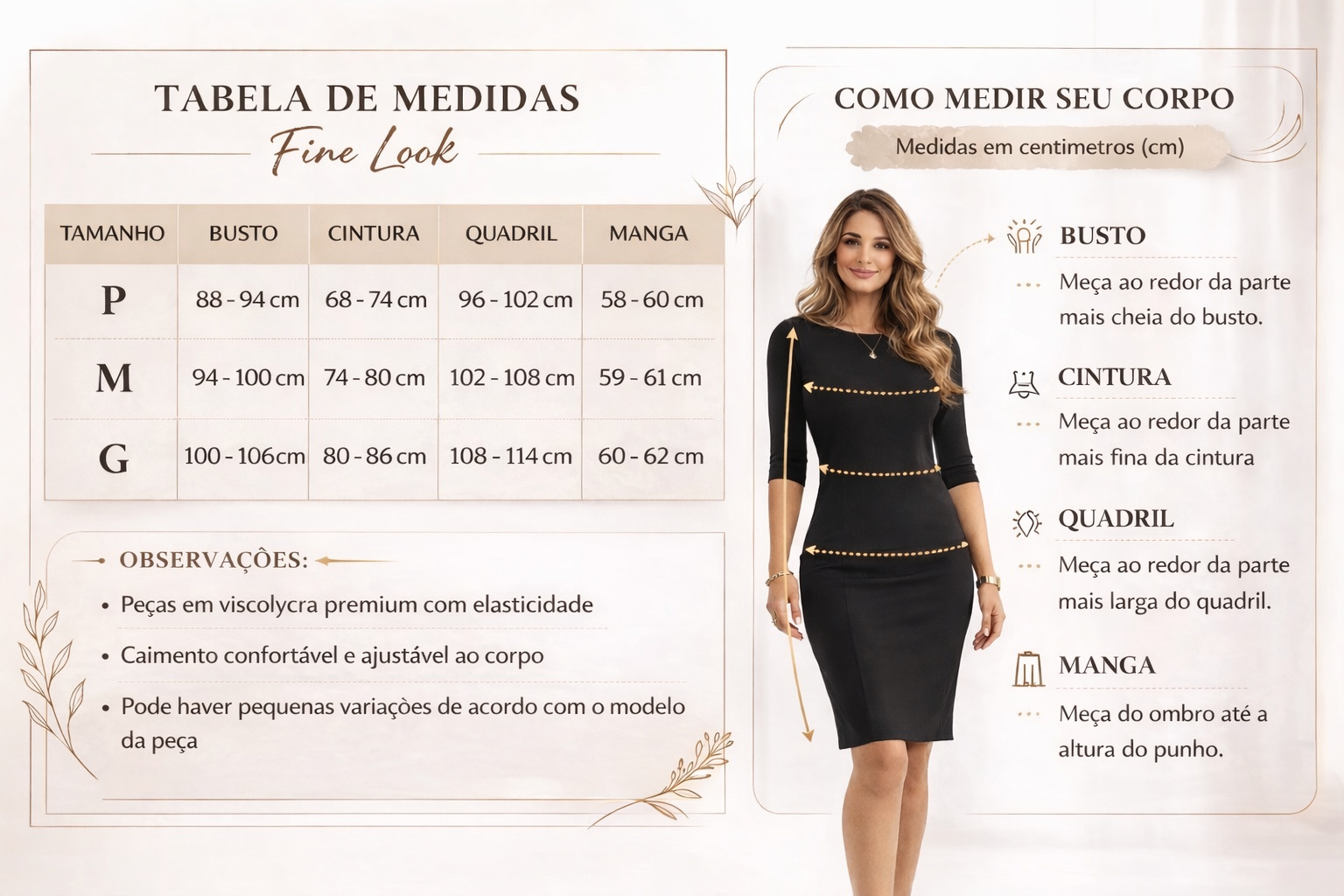 Tabela de medidas Fine Look moda feminina