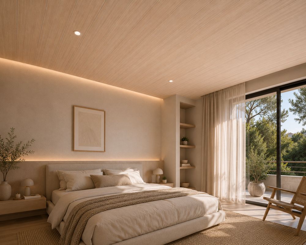 Dormitorio con cielorraso de PVC Vankka Duna símil madera clara e iluminación empotrada