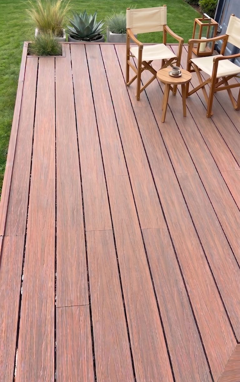 Deck WPC coextruido color cedro con perfil de terminación en L en el borde, en un jardín con sillas de madera
