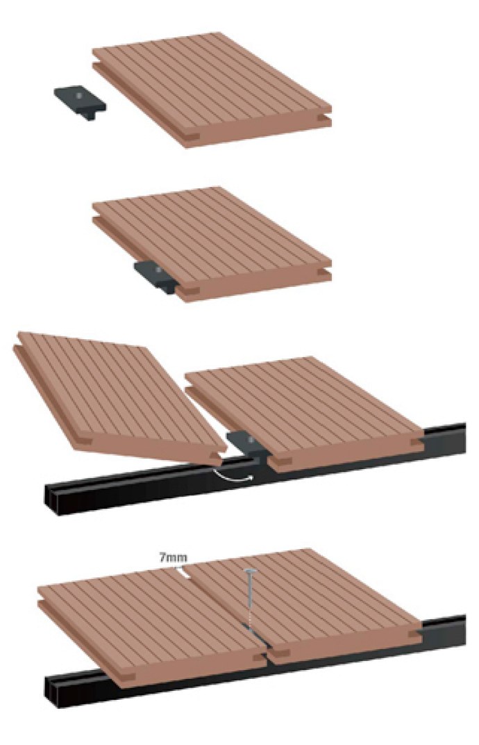Secuencia de colocación de tablas de deck WPC con clips y 7 mm de separación