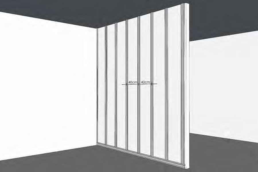 Diagrama de perfiles omega atornillados a la pared cada 40 cm para instalar wall panel WPC
