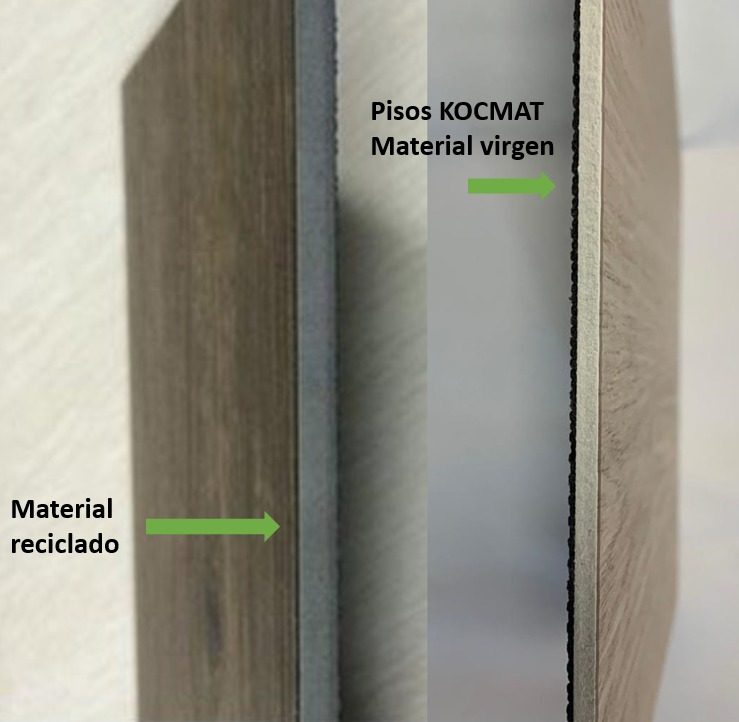 Corte de piso SPC: material reciclado gris comparado con el material virgen de los pisos Vankka