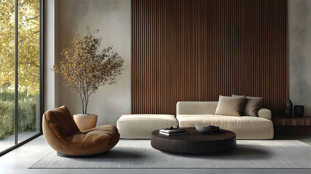 Living moderno con una pared revestida en wall panel acanalado de tono madera oscuro
