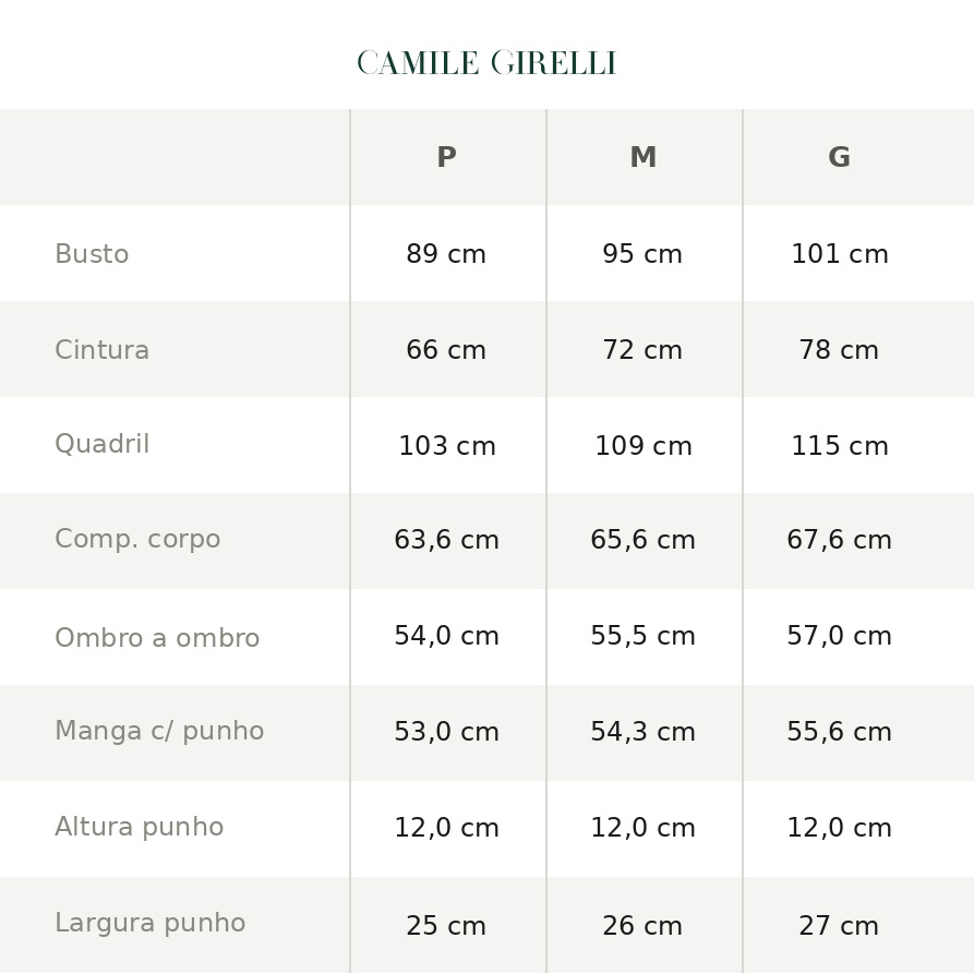 Tabela de medidas da Camile Girelli
