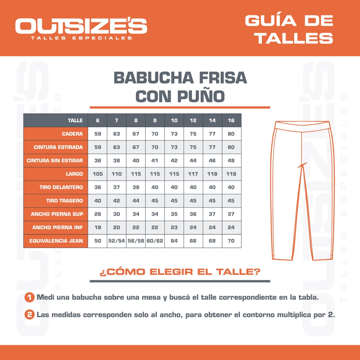 Tabla de talles de babucha frisa con puño Outsize's, medidas en cm