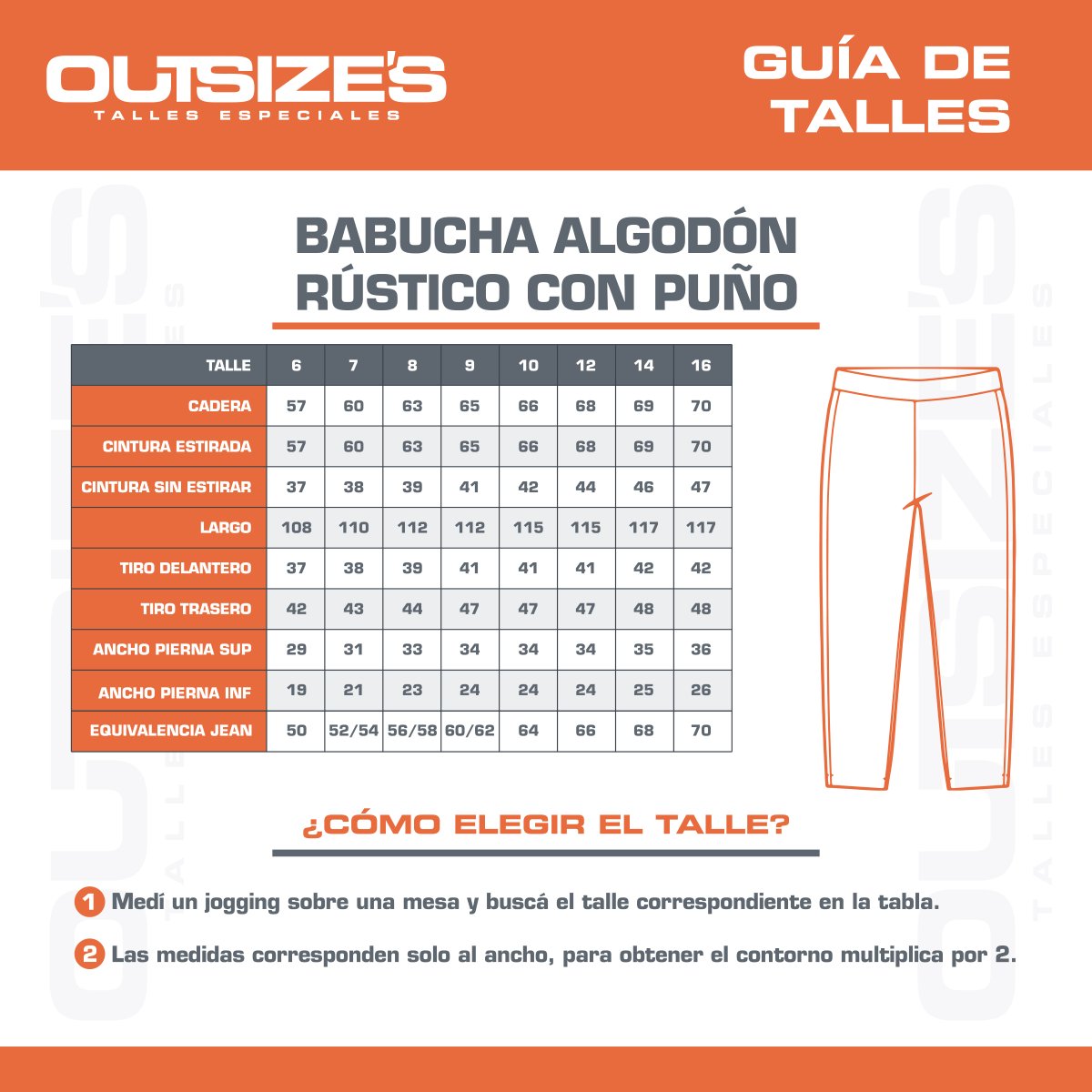 Tabla de talles de babucha con puño algodón rústico Outsize's, medidas en cm