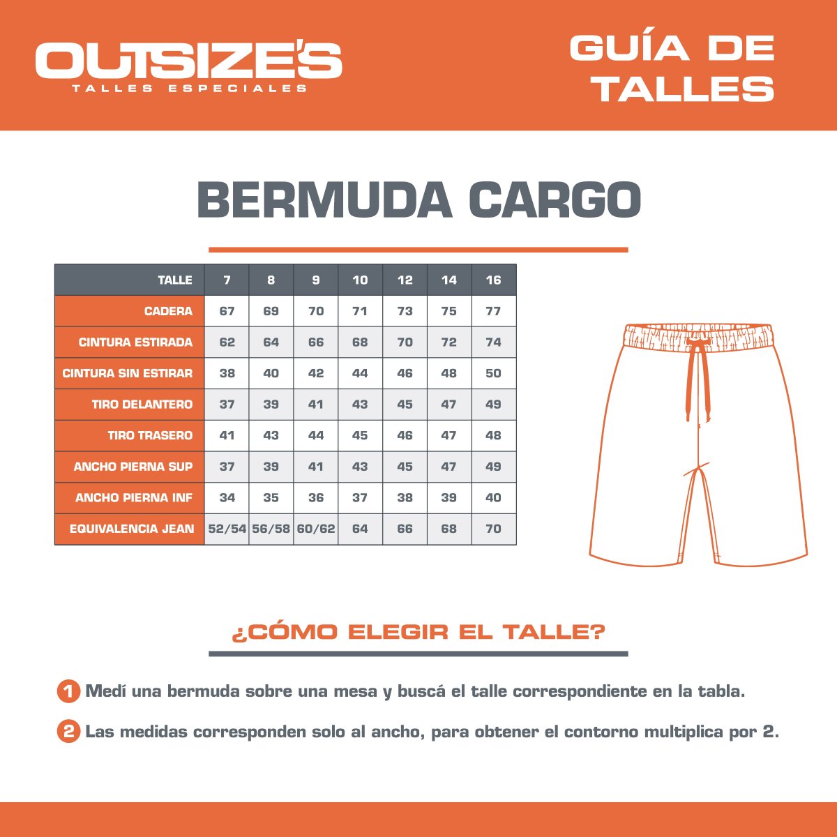 Tabla de talles de bermudas cargo rústico Outsize's, medidas en cm