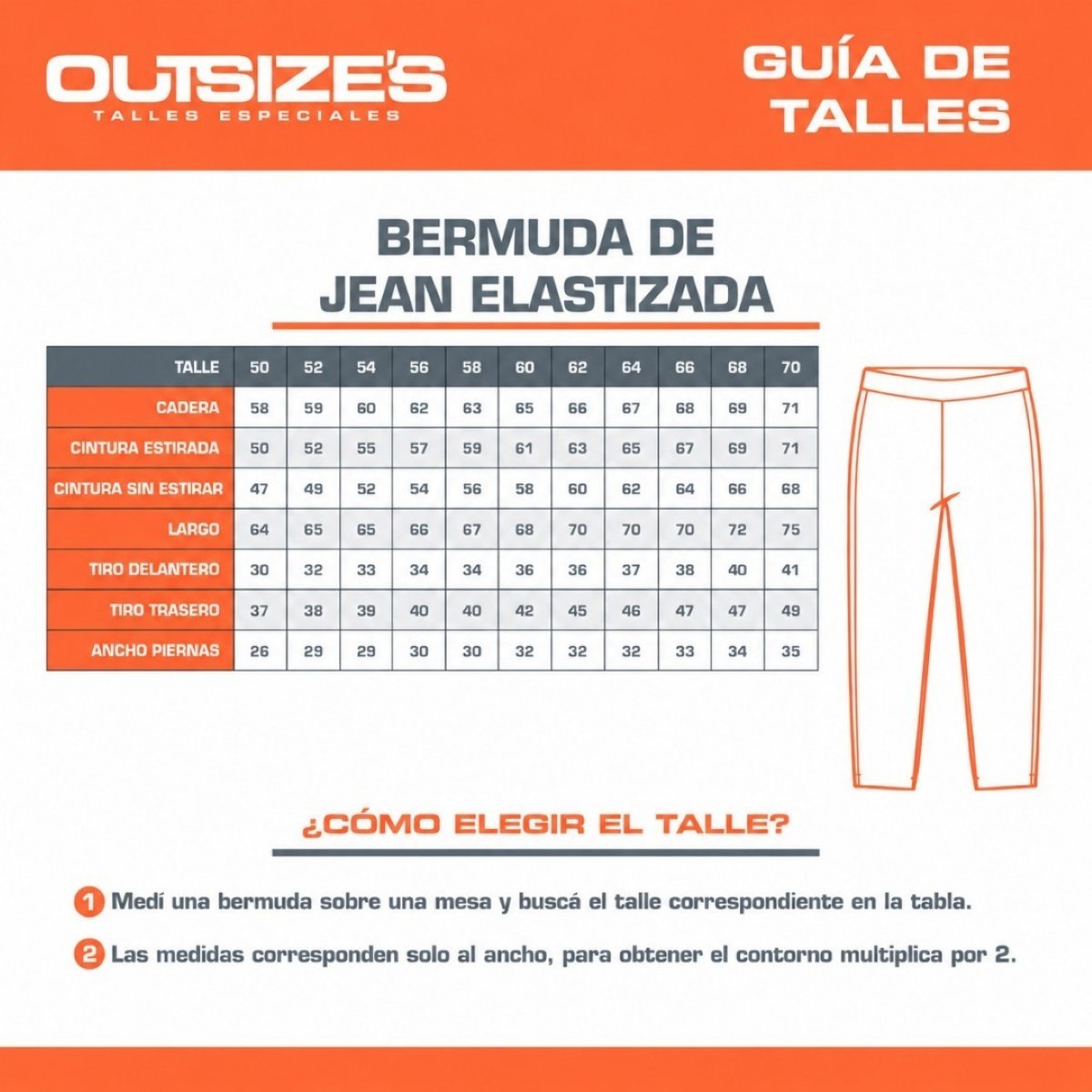 Tabla de talles de bermudas de jean elastizadas Outsize's, medidas en cm