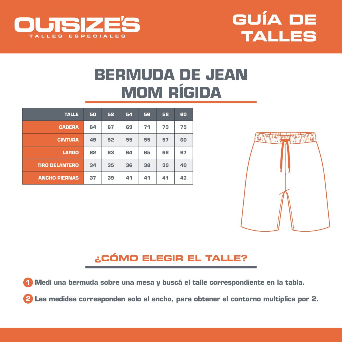 Tabla de talles de bermuda de jean mom rígida Outsize's, medidas en cm