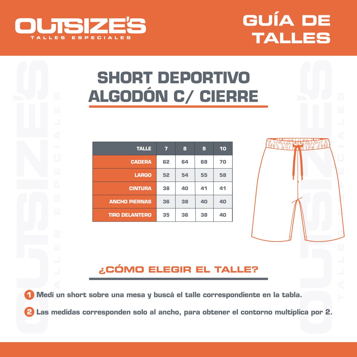 Tabla de talles de bermudas lycra Outsize's, medidas en cm