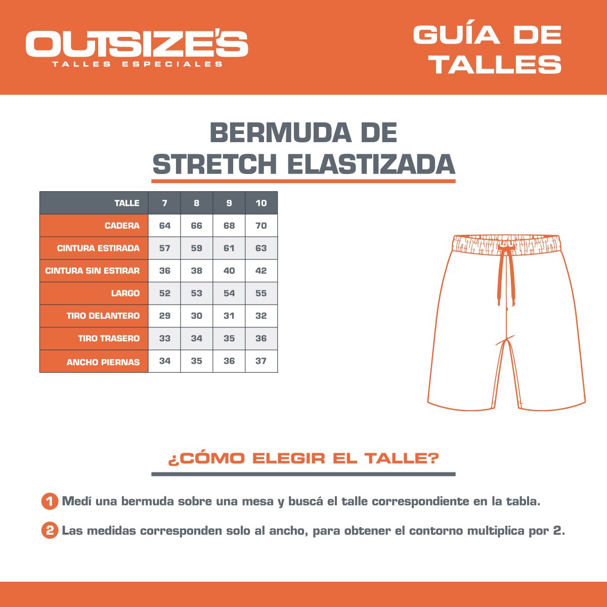 Tabla de talles de bermudas stretch Outsize's, medidas en cm