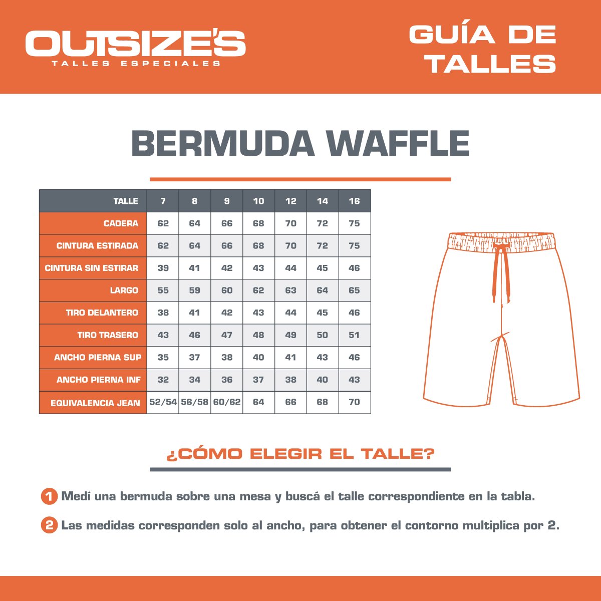 Tabla de talles de bermudas waffle Outsize's, medidas en cm