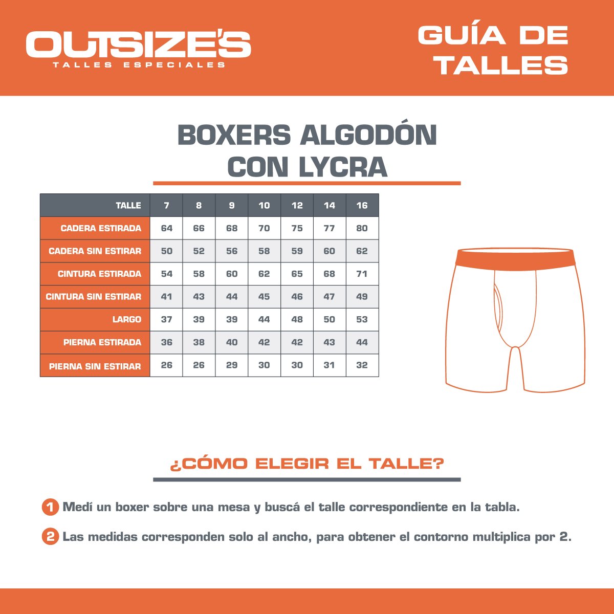 Tabla de talles de pack x3 boxers algodón/lycra Outsize's, medidas en cm