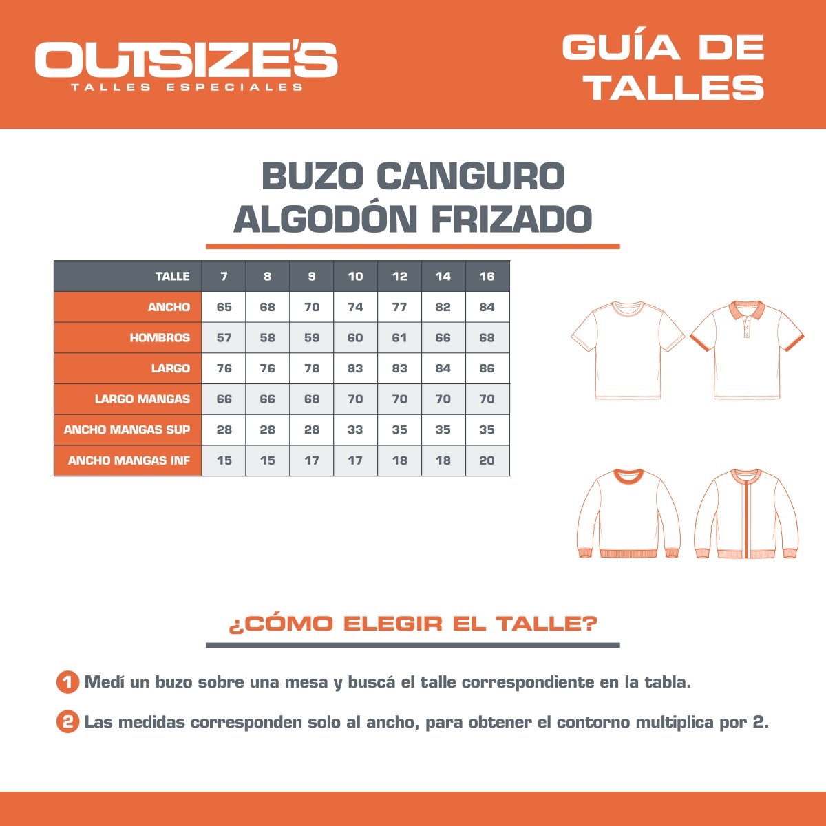 Tabla de talles de buzo canguro algodón frizado Outsize's, medidas en cm