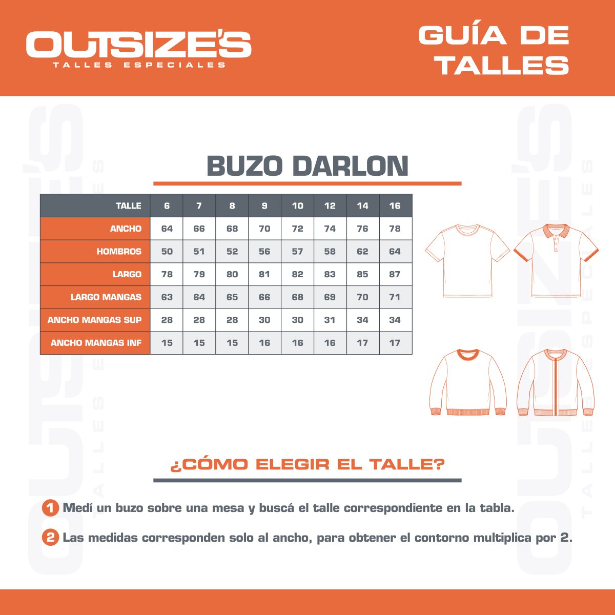 Tabla de talles de buzos darlon premium Outsize's, medidas en cm