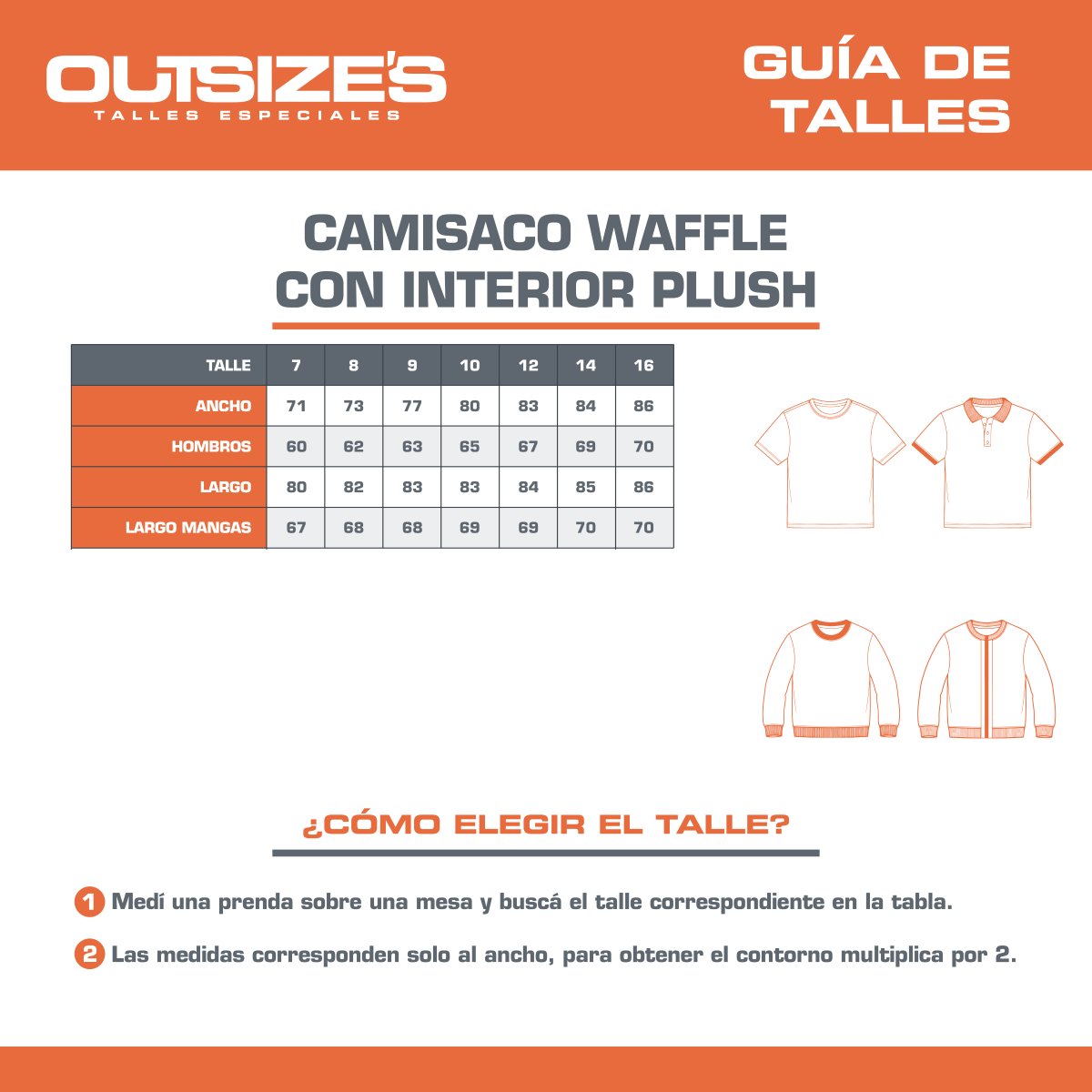 Tabla de talles de camisaco waffle plush Outsize's, medidas en cm