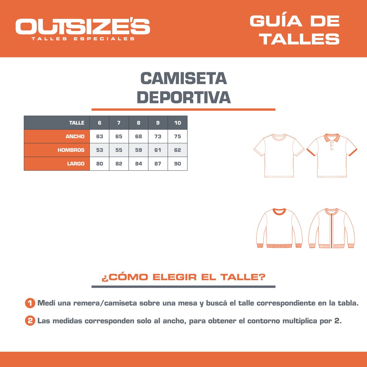 Tabla de talles de camiseta deportiva Outsize's, medidas en cm