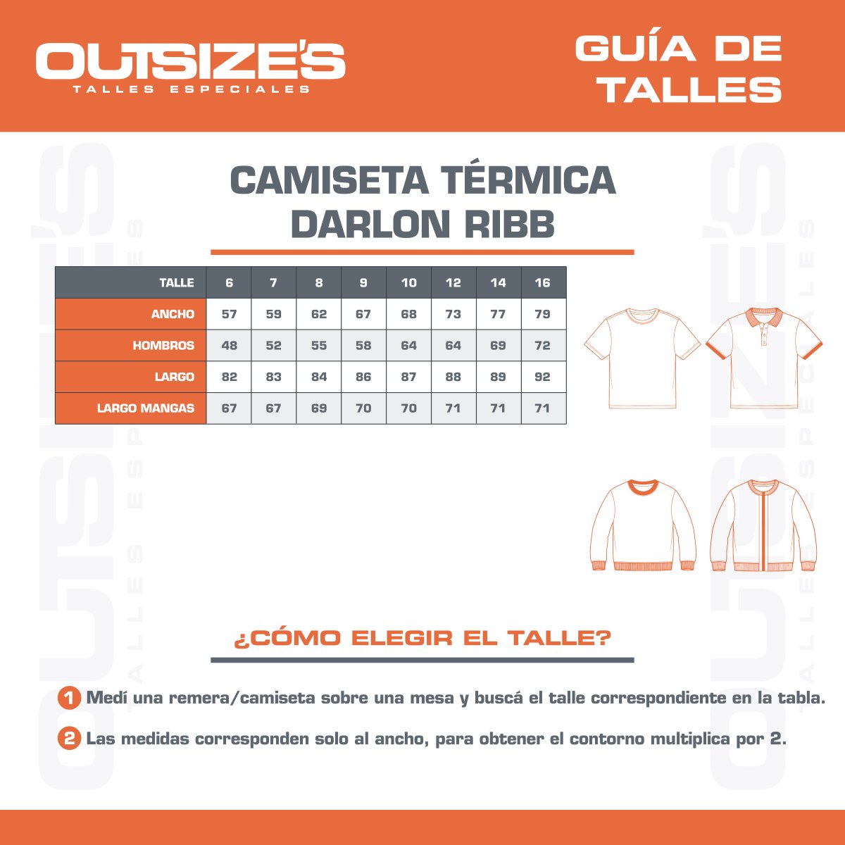Tabla de talles de camiseta térmica darlon ribb Outsize's, medidas en cm