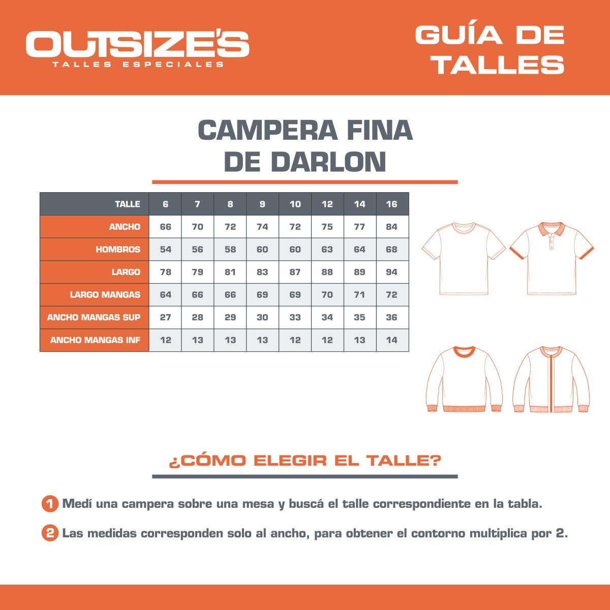 Tabla de talles de campera fina darlon Outsize's, medidas en cm
