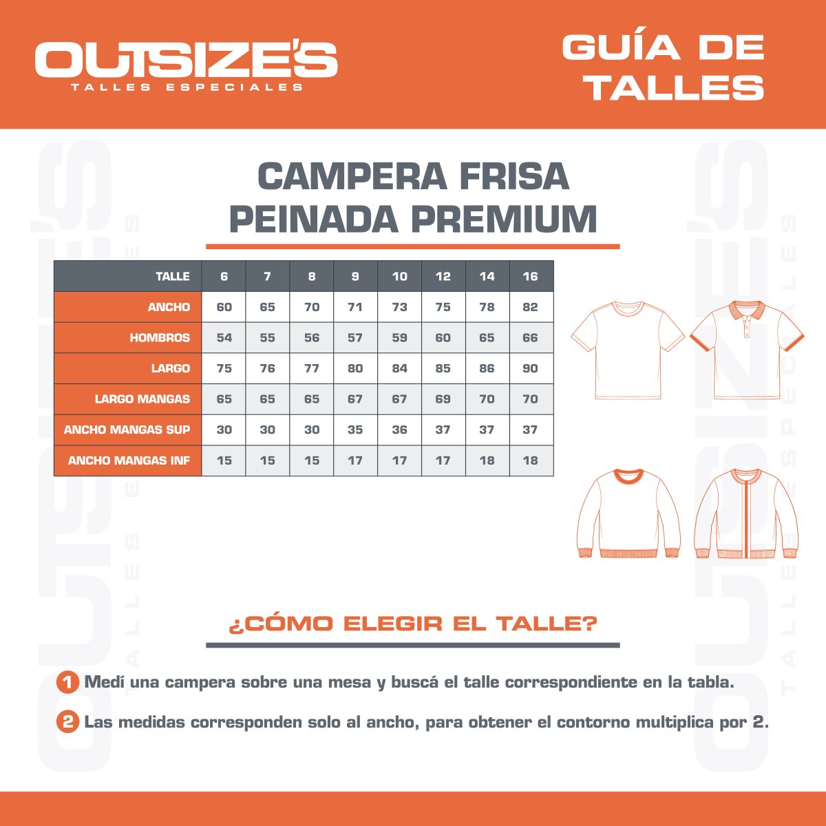 Tabla de talles de campera frisa premium Outsize's, medidas en cm