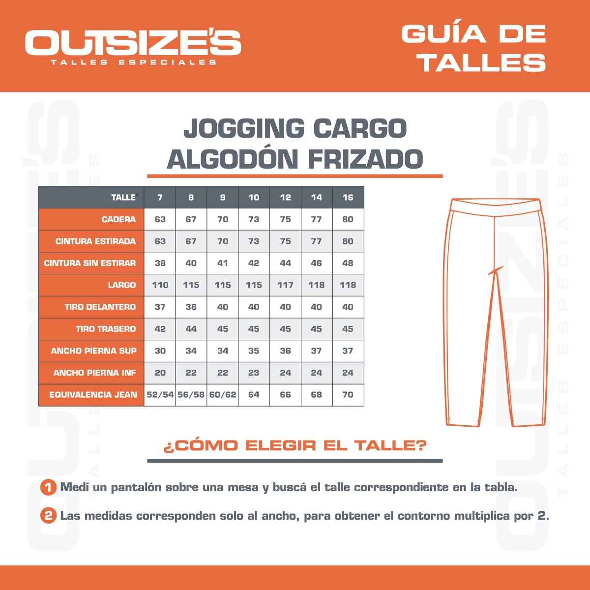 Tabla de talles de cargo frisa premium Outsize's, medidas en cm