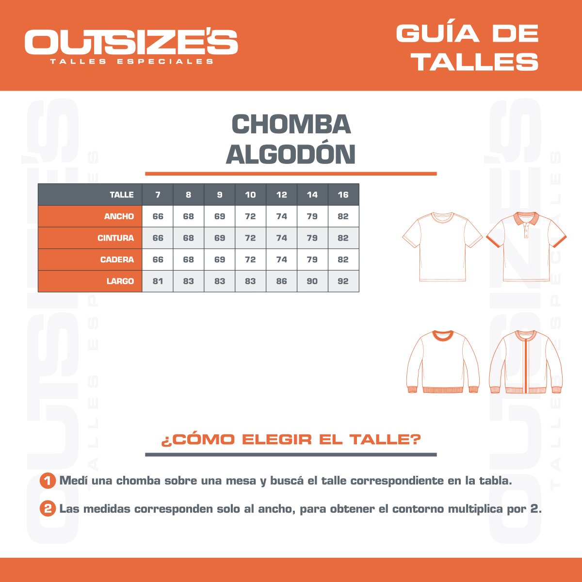 Tabla de talles de chombas de algodón premium Outsize's, medidas en cm