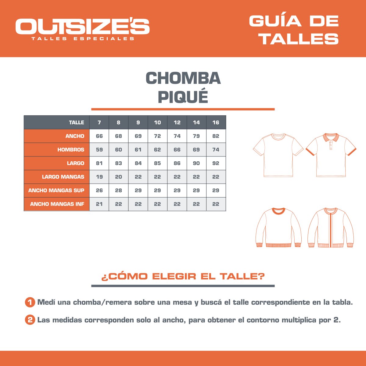 Tabla de talles de chombas piqué premium Outsize's, medidas en cm