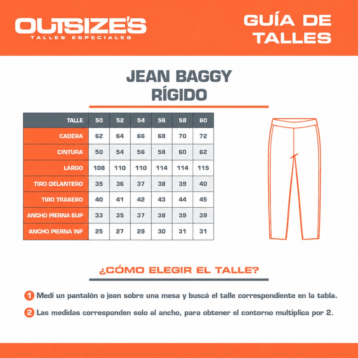Tabla de talles de jean baggy rígido Outsize's, medidas en cm