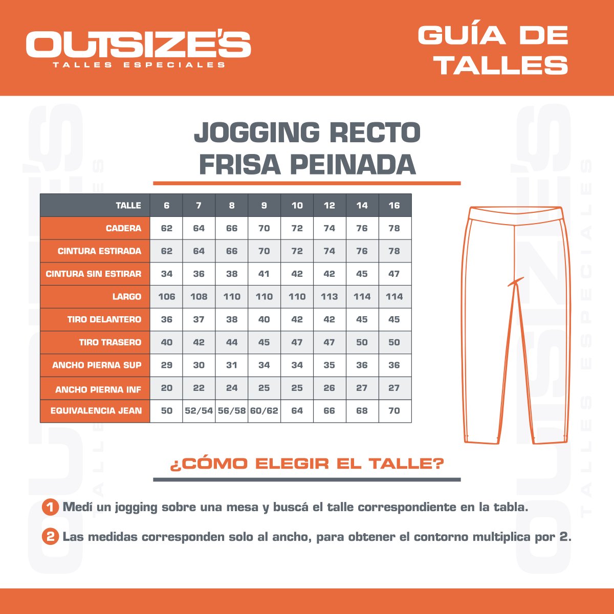 Tabla de talles de jogging recto frisa Outsize's, medidas en cm