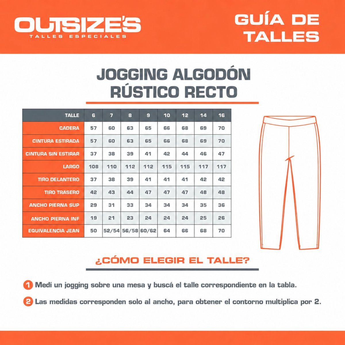 Tabla de talles de jogging recto algodón rústico Outsize's, medidas en cm