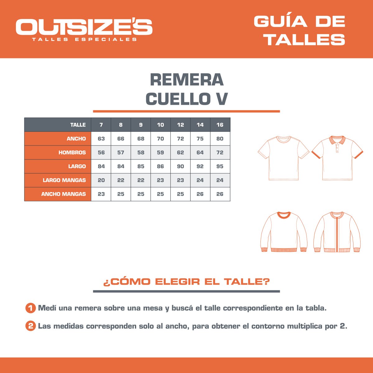 Tabla de talles de remeras cuello en v Outsize's, medidas en cm