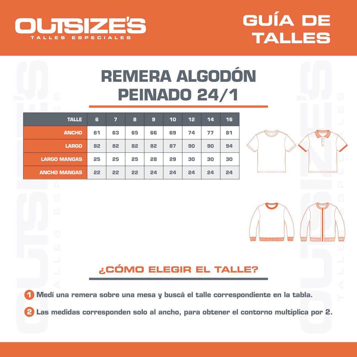 Tabla de talles de remeras lisas y estampadas Outsize's, medidas en cm