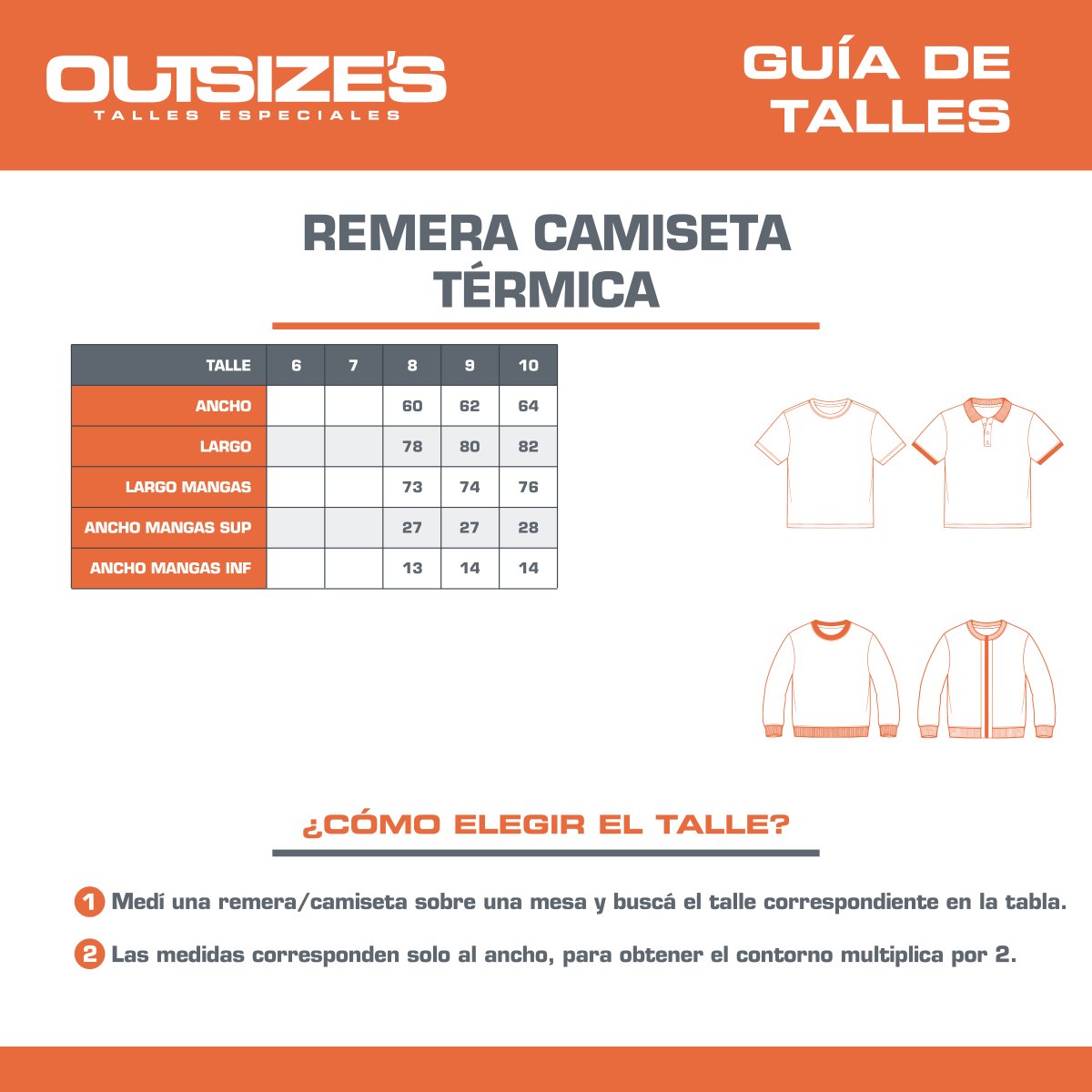 Tabla de talles de remeras térmicas Outsize's, medidas en cm