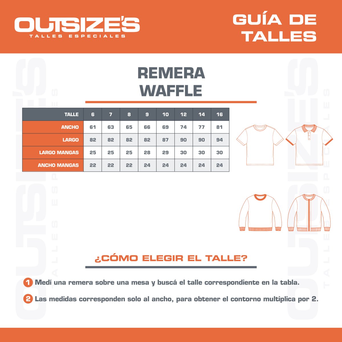 Tabla de talles de remeras waffle Outsize's, medidas en cm