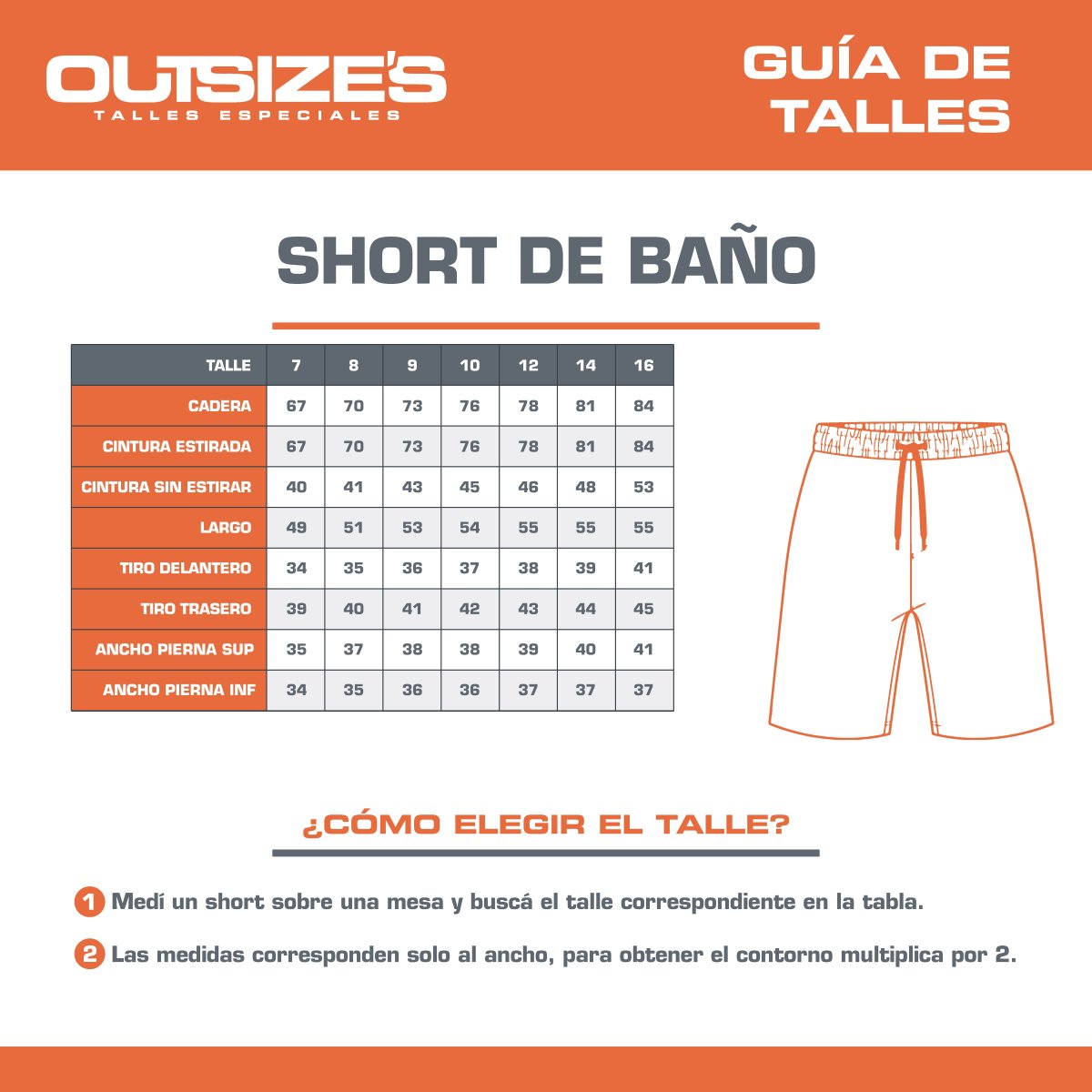 Tabla de talles de shorts de baño Outsize's, medidas en cm
