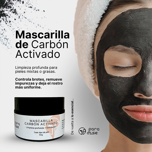 Mascarilla facial con carbón activado Paradise MX en presentación móvil