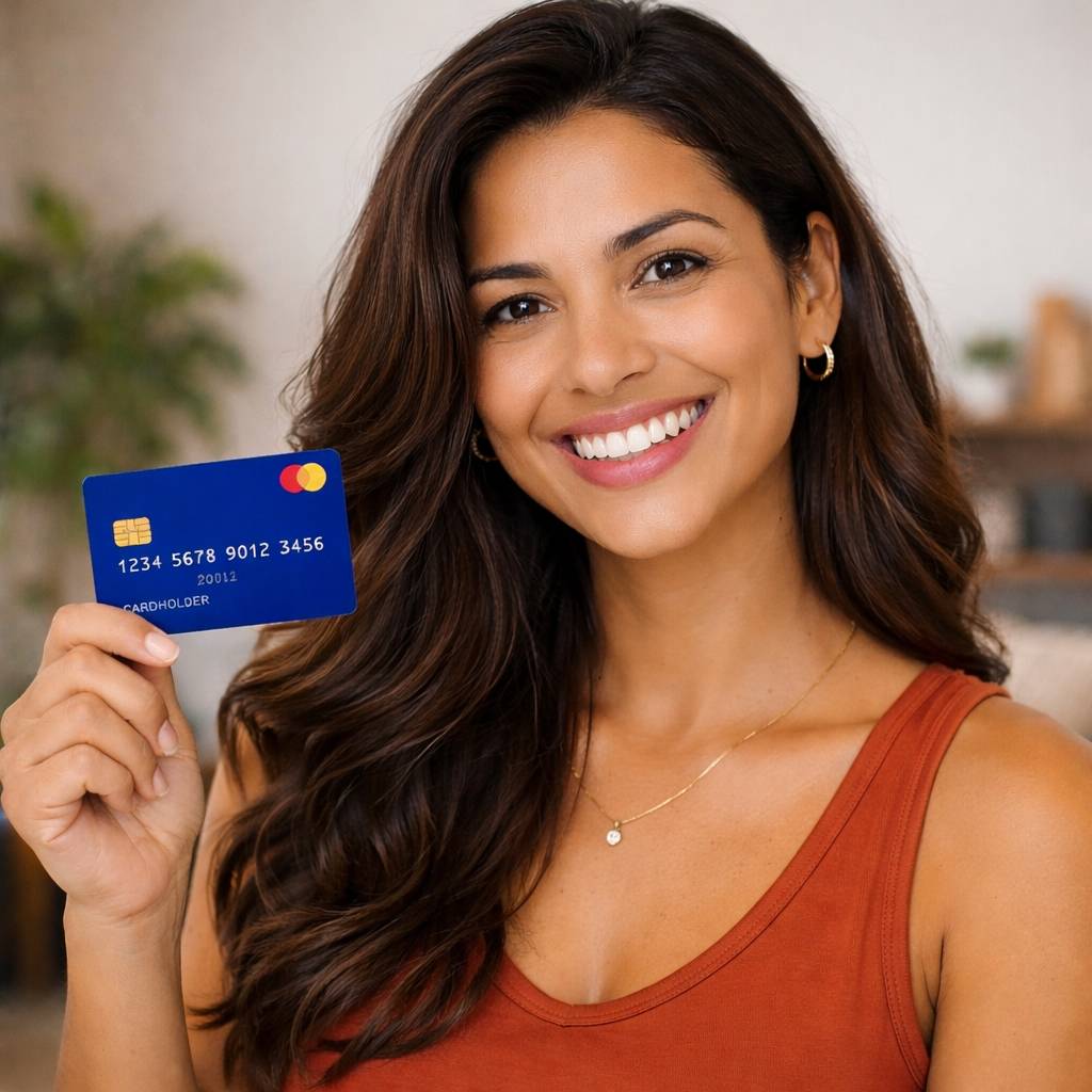 Mulher Brasileira segurando um cartão de Crédito