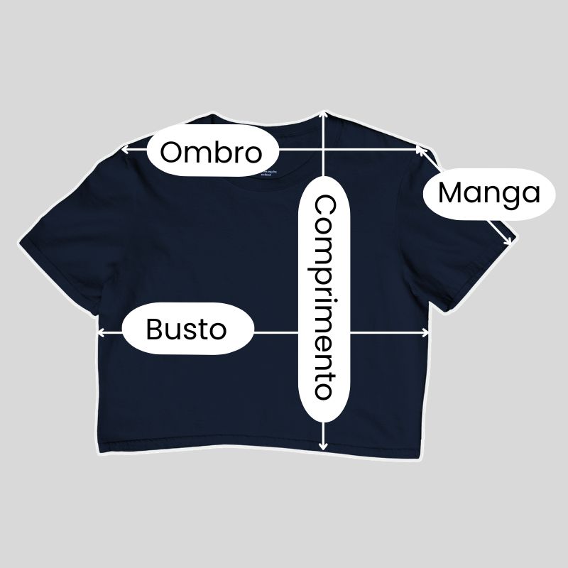 Guia de medidas de Cropped Piraguara indicando Busto, Comprimento, Ombro e Manga.