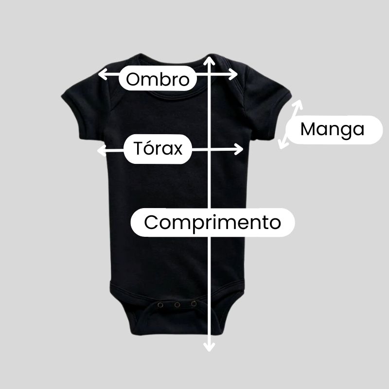 Guia de medidas de Body bebê Piraguara indicando Comprimento, Tórax, Ombro e Manga.