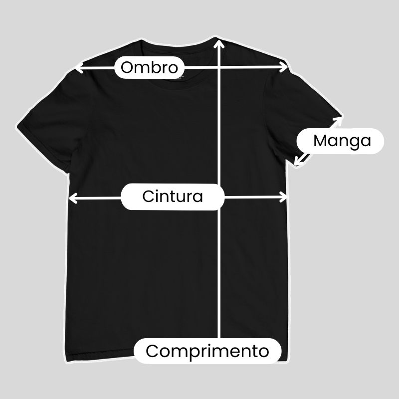 Guia de medidas de camiseta masculina Piraguara indicando Comprimento, Cintura, Ombro e Manga.