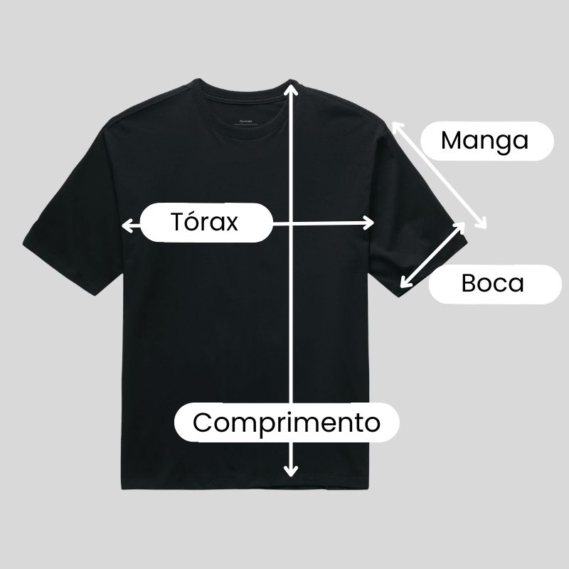 Guia de medidas de Camiseta Oversized Piraguara indicando Comprimento, Manga, Tórax e Boca da Manga.