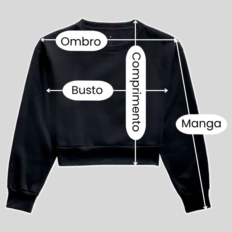 Guia de medidas de Moletom Cropped Piraguara indicando Busto, Comprimento, Ombro e Manga.