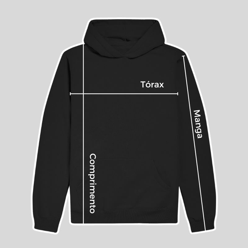 Guia de medidas de Moletom Hoodie Piraguara indicando Comprimento, Tórax e Manga.
